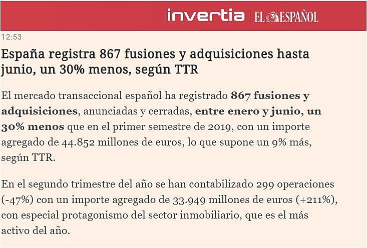 Espaa registra 867 fusiones y adquisiciones hasta junio, un 30% menos, segn TTR